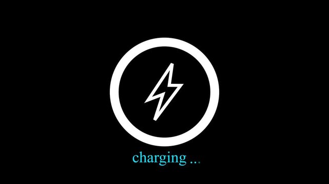 white battery charging animation with power icon isolated on a black background.4k video animation