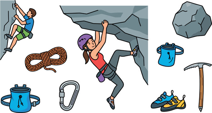 Rock Climbing and Mountaineering Vector Icon Set Featuring Extreme Athletes Rope Carabiner Chalk Bag Shoes Ice Axe and Cliff Elements
