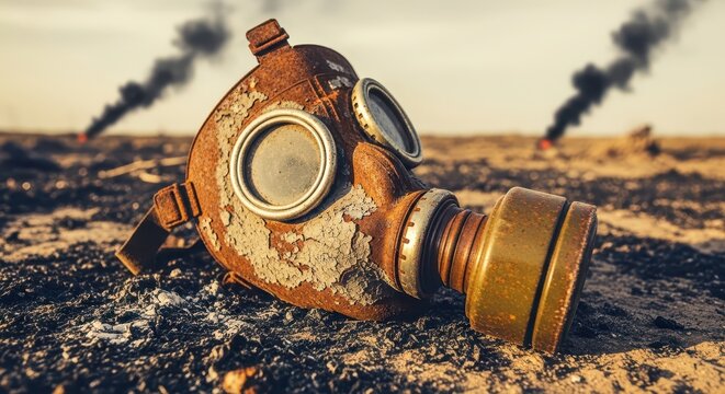 Rusty, abandoned gas mask lying on barren, desolate ground with plumes of black smoke rising in the distance