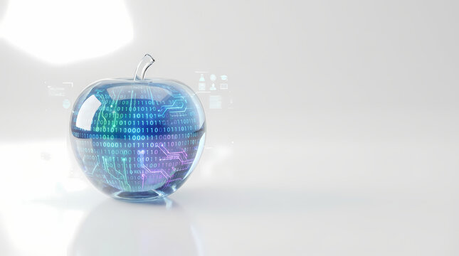 Transparent apple revealing glowing digital data streams and binary code, representing technology and information in a modern concept