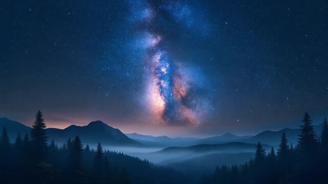 Majestic Milky Way Galaxy and Full Moon Shining in Cosmic Sky Scene 4K