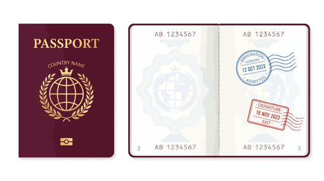 Maroon international passport vector illustration featuring an open page with official immigration stamps and markings