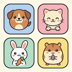 Fototapeta premium Cute pet animal sticker icon set with dog cat rabbit and hamster