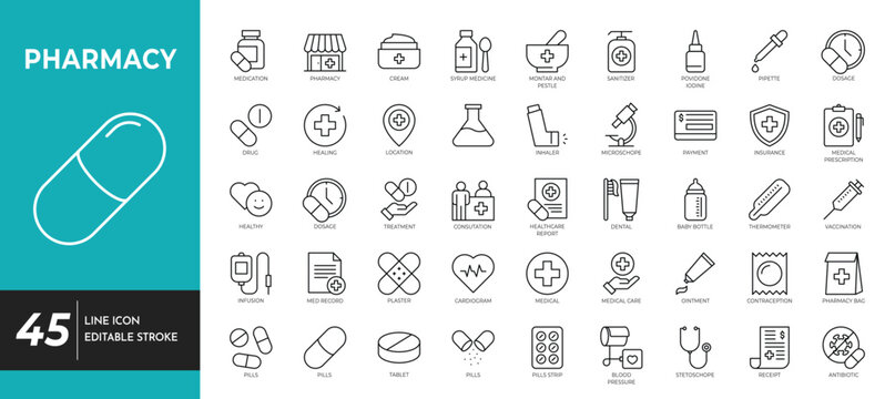 Pharmacy icon set. editable stroke. 