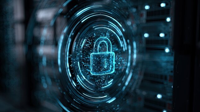Glowing padlock icon with concentric digital rings and server racks