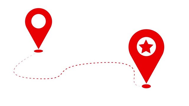 Two red location pin icon animations connected by dotted path on white background . 4K animated for business video, motion graphics, map visuals, navigation, and presentations.
