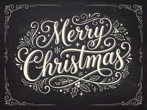 Merry Christmas Lettering on Blackboard with Chalk Style and Festive Flourishes