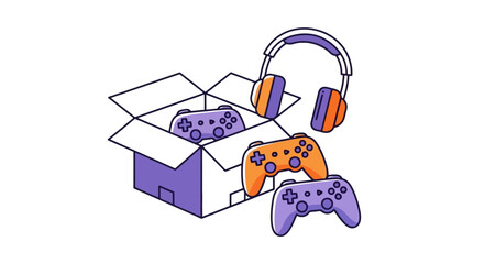 Gaming gear with controllers and headphones in a delivery box © toni