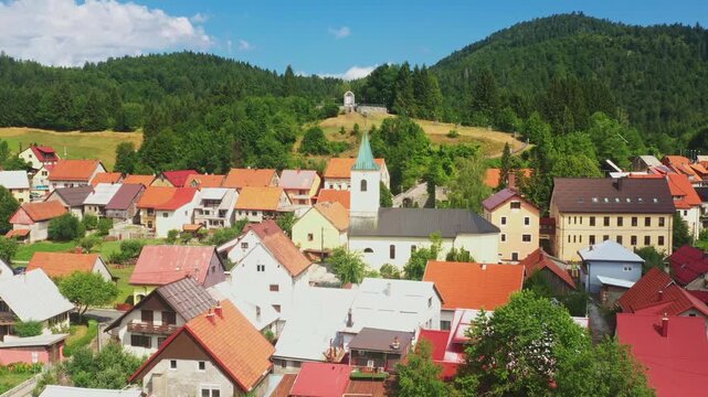 Aerial view of countryside landscape, small mountain town of Lokve in Gorski kotar, Croatia