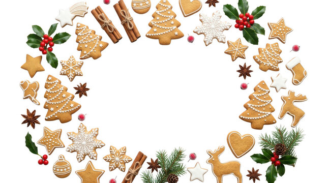 Christmas cookie wreath with spices and holly leaves decoration isolated on transparent background