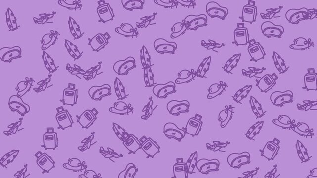 Multiple cartoon shapes hats luggage feathers outlines purple background pattern repeating design elements. Cute and fun graphic suitable for digital backgrounds or textile design.