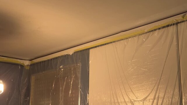 Painter carefully applying white paint to a ceiling with a brush