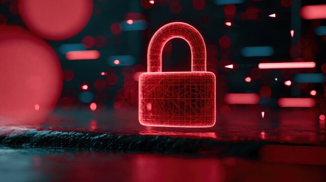 Glowing red wireframe padlock signifies digital security against a dark, abstract background