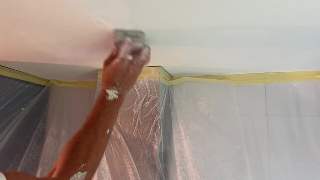 Plasterer sanding ceiling plaster with sandpaper