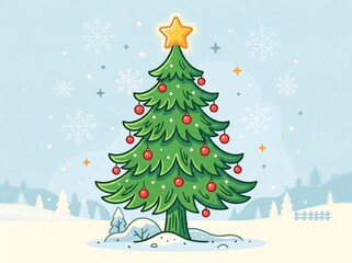 Fototapeta premium Charming Hand Drawn Christmas Tree with Red Baubles and Star on Snowy Background
