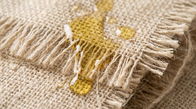 Yellow marula oil soaking into natural woven fabric texture, close-up view showing absorption properties