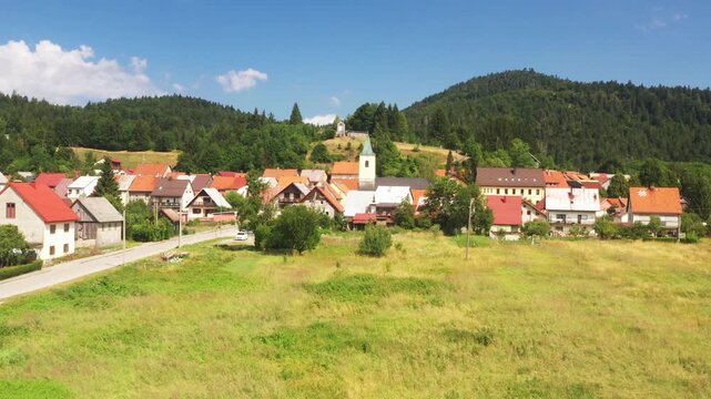 Aerial view of countryside landscape, small mountain town of Lokve in Gorski kotar, Croatia