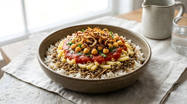 Koshary or Kushari traditional Egyptian dish with macaroni, rice, lentils, chickpeas, and fried onions topped with tomato sauce in a bowl