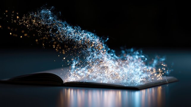 Open book releasing glowing, intricate, ephemeral energy particles
