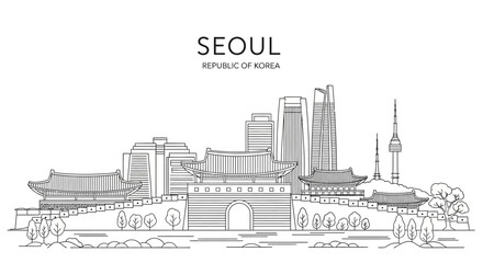 Naklejka premium Seoul Skyline Illustration: Modern Cityscape and Historic Landmarks, South Korea