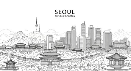 Fototapeta premium Seoul Skyline Hand-Drawn Sketch of South Korean Landmarks and Architecture