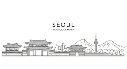 Obraz premium Seoul skyline illustration with traditional palaces and Namsan Tower, Korea