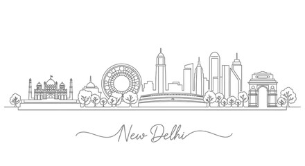 Obraz premium New Delhi Skyline - Famous Landmarks, India, Digital Illustration, Monoline Art