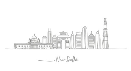 Obraz premium New Delhi Skyline Continuous Line Art: Rashtrapati Bhavan, India Gate, Qutub Minar