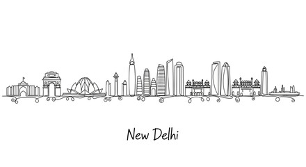 Obraz premium New Delhi Skyline Doodle - Iconic Landmarks in Minimalist Line Art
