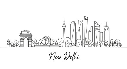 Fototapeta premium New Delhi Skyline Drawing Line Art - India Landmarks & Modern Architecture