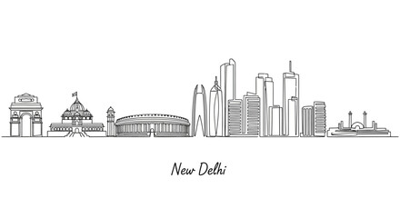 Fototapeta premium New Delhi Skyline: Iconic Landmark Hand-Drawn Silhouette on White Background