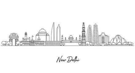 Fototapeta premium New Delhi Skyline Illustration: India Gate, Lotus Temple, Modern Buildings