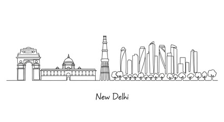 Obraz premium New Delhi Skyline: India Gate, Parliament, Modern Buildings, Trees, White Background
