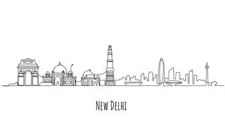 Obraz premium New Delhi Skyline: India Gate, Qutub Minar, Modern Buildings - Vector Line Art