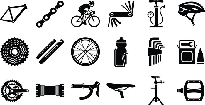 Bicycle repair black vector icons on white background featuring bike tools chain cyclist brake pump helmet gear tire wheel bottle saddle stand pedal fork and maintenance equipment for web posters