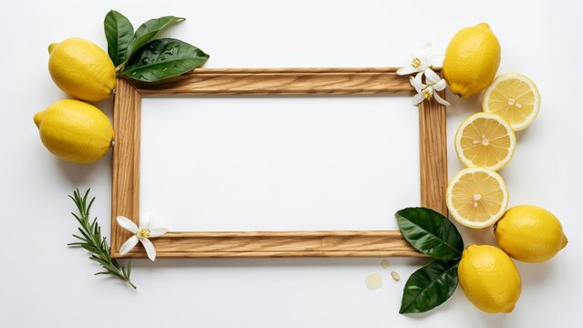 Elegant wooden decorative frame surrounded by fresh lemons, lemon blossoms, citrus slices and green leaves