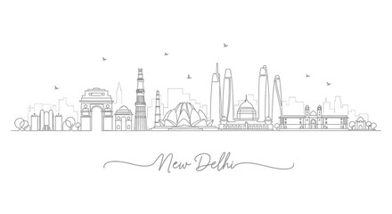 Fototapeta premium New Delhi Skyline Outline - India's Iconic Landmarks Collection