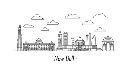 Obraz premium New Delhi Skyline Outline: Iconic Landmarks and Modern Architecture - Vector Art