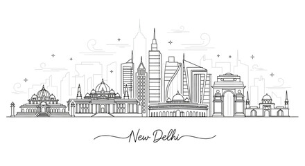 Obraz premium New Delhi Skyline Outline: Iconic Landmarks in Simple Line Art Style