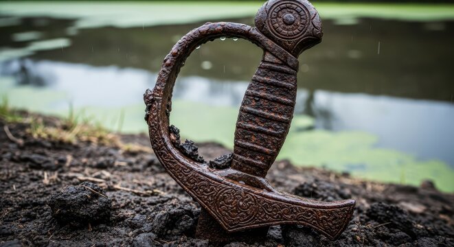 Rusty antique sword handle emerges from wet soil near a pond, historical artifact, ancient weapon, relic of the past