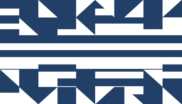 Abstract geometric seamless pattern composed of dark blue blocks and triangles on a clean white background.