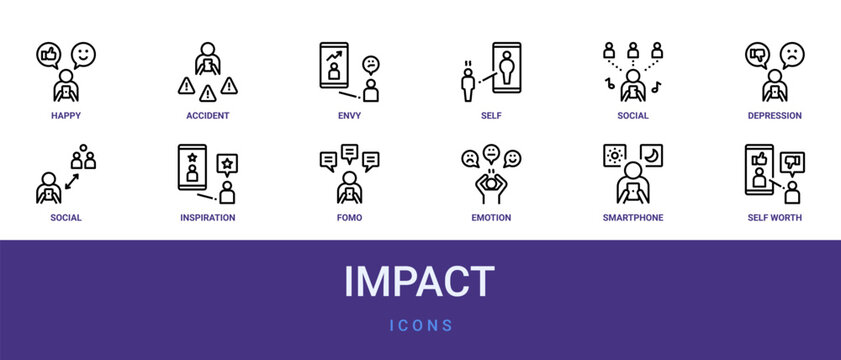 Set of 12 outline web Impact icons such as self worth, smartphone, emotion, fomo, inspiration, social, depression vector icons for report, presentation, diagram, web design, mobile app