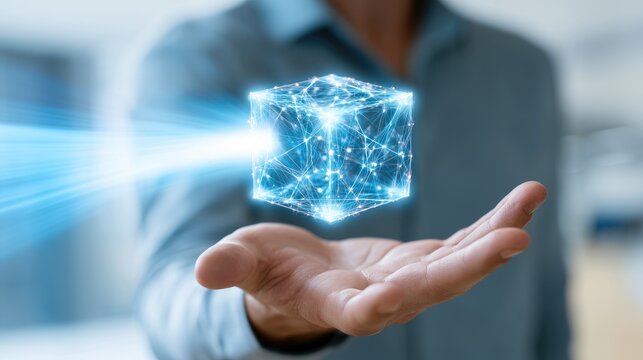 A hand holds a glowing, interconnected digital cube radiating light
