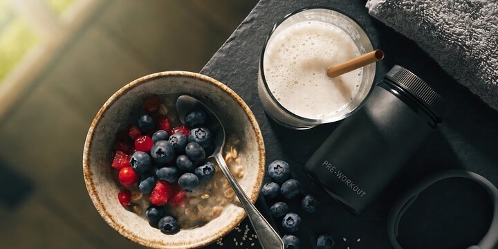 Healthy pre-workout meal with oatmeal, fresh berries, and protein shake on a dark stone surface