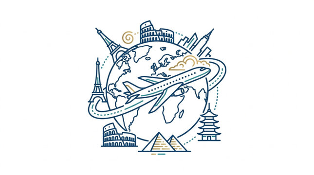 Global travel illustration with landmarks and airplane.