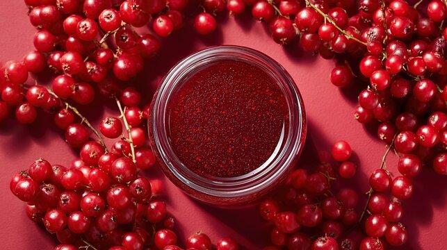 Overhead shot of a redcurrant preserve jar nestled among fresh red berries. Concept of vibrant monochrome aesthetics, healthy organic sweets, and summer harvest.