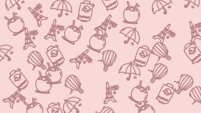 Eiffel towers, umbrellas, coconut drinks, hot air balloons, cameras, pink pattern background. Ideal for travel or summerthemed designs.
