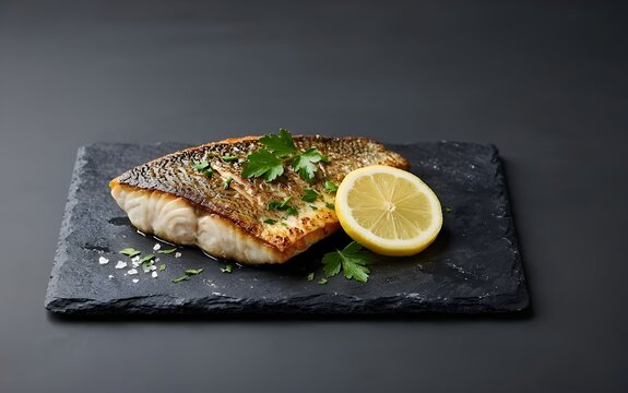 Pan-Seared Sea Bass Fillet with Crispy Skin Fresh Parsley and Lemon Slice on Dark Slate Board