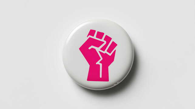 Close-up of a white plastic pin badge with a pink graphic fist symbol. Ideal for political campaign branding, protest merchandise, and identity design mockups.
