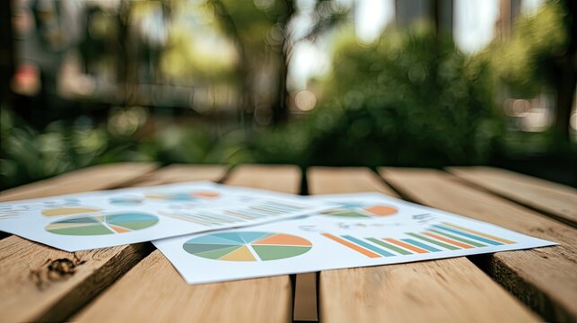 Charts and graphs on a wooden table, outdoors